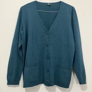 Talbots Size L Wool Blend Cardigan Sweater  Button Front Teal Pockets Classic